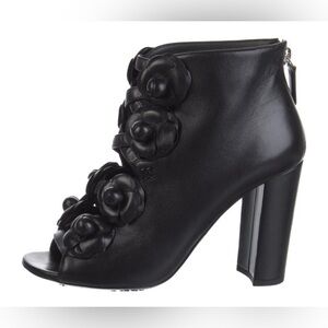 Chanel black flower camellia peep toe boots pumps